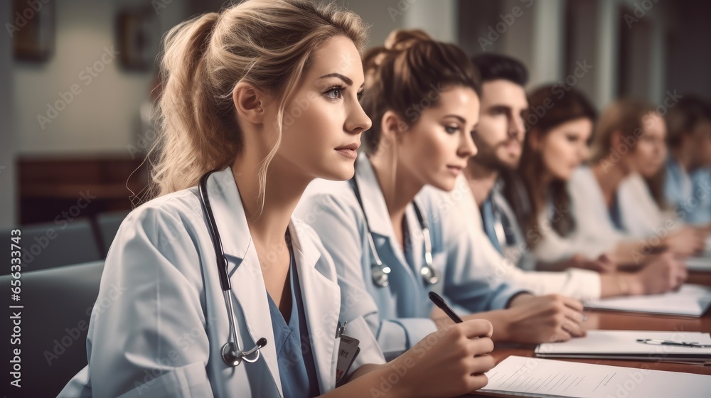 Confident Medical students sitting at desk and listening to the lecture in medical training class.