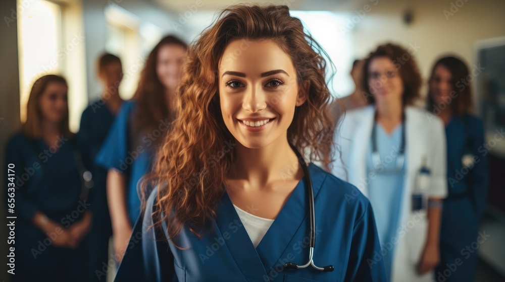 Smiling woman doctor standing with medical colleagues in a hospital corridor.