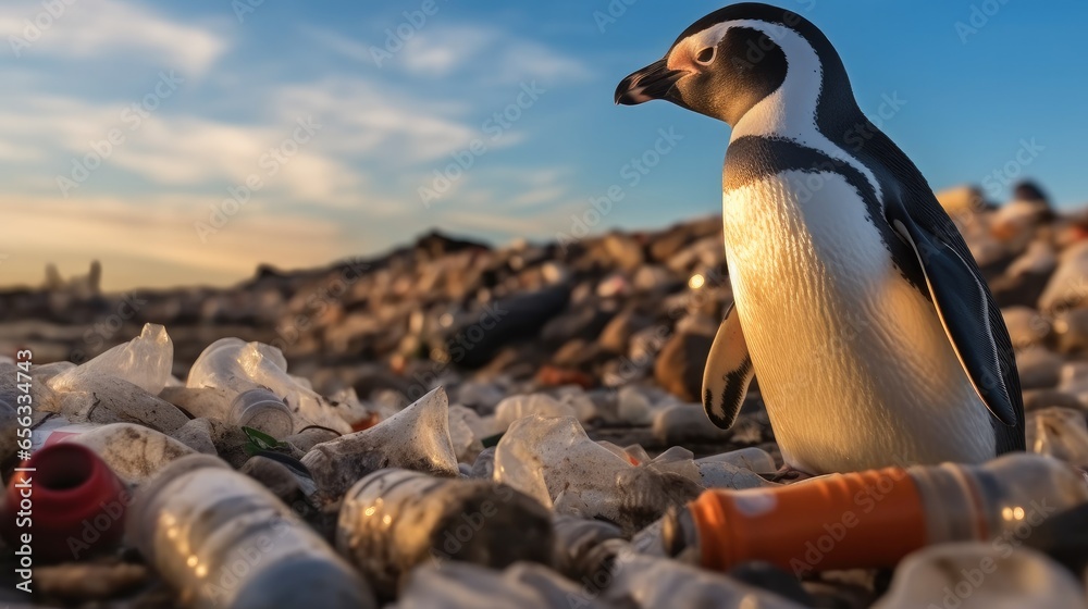 The penguin is standing on the shore with Marine plastic and polluted household garbage, Environmental disaster in sea.