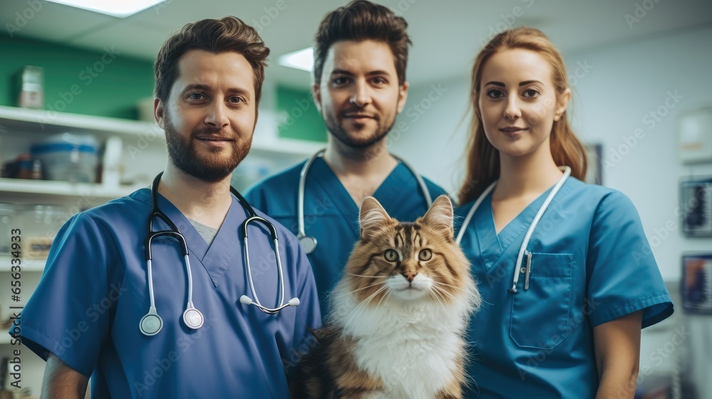 Team of happy veterinarians at animal hospital.