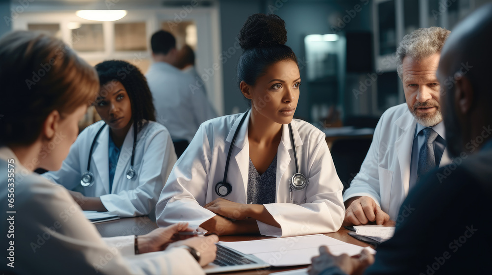 Young female clinician doctor discusses something during conference.