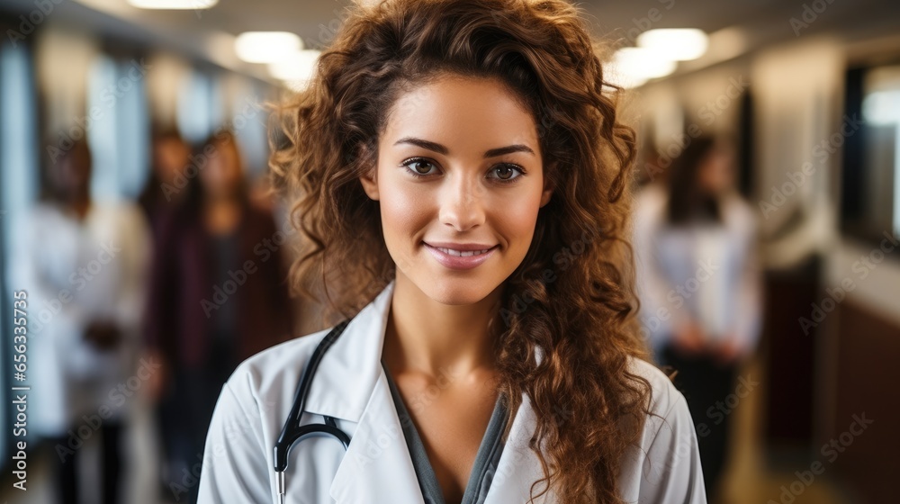 Confident female doctor smiling while standing in a hospital corridor with a diverse group of staff in the background.