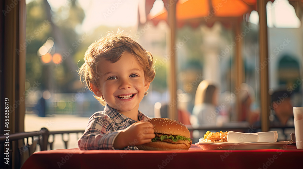 A happy boy eating a burger in an outdoor restaurant as a Breakfast meal craving deal. Generative Ai