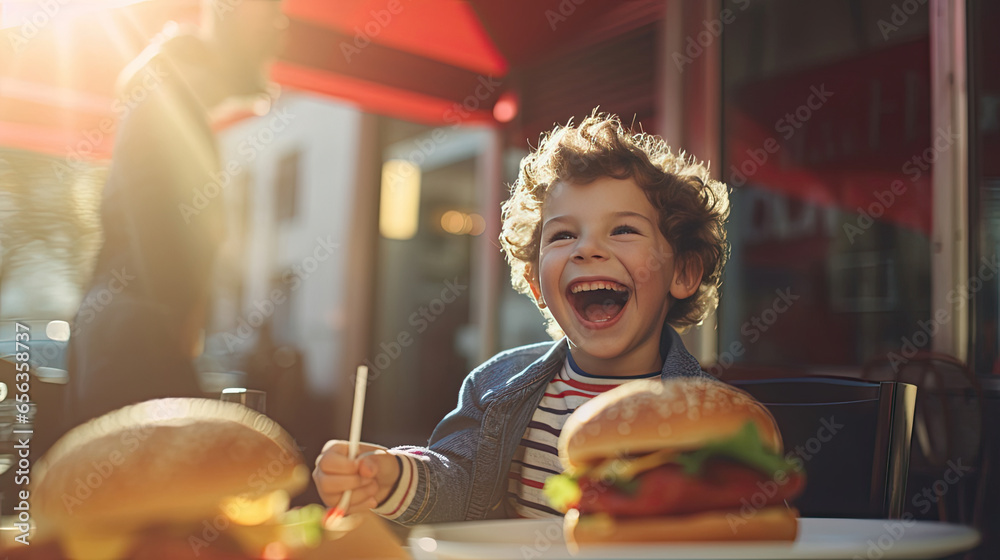 A happy boy eating a burger in an outdoor restaurant as a Breakfast meal craving deal. Generative Ai