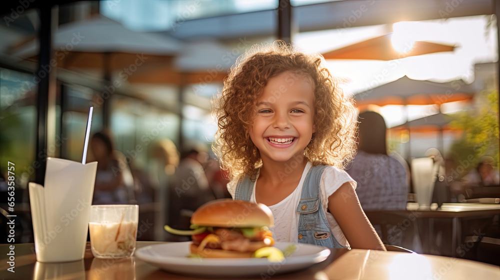 A happy girl eating a burger in an outdoor restaurant as a Breakfast meal craving deal. Generative Ai