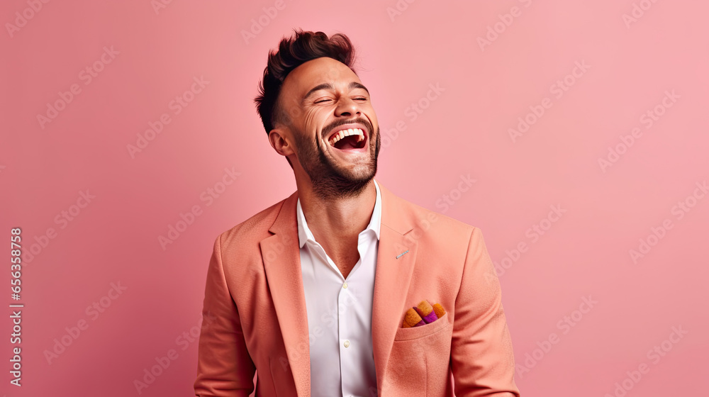 A happy handsome business man, who is smiling and laughing wearing bright clothes on bright solid light color background. Generative Ai