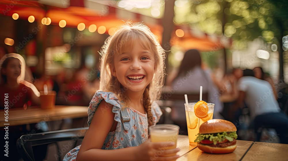 A happy girl eating a burger in an outdoor restaurant as a Breakfast meal craving deal. Generative Ai