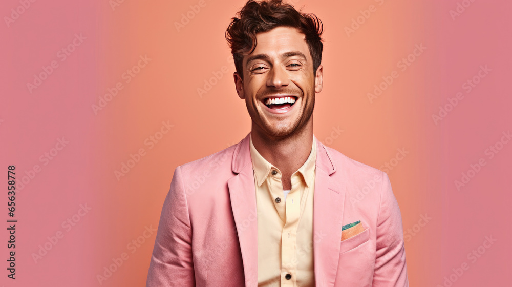 A happy handsome business man, who is smiling and laughing wearing bright clothes on bright solid light color background. Generative Ai