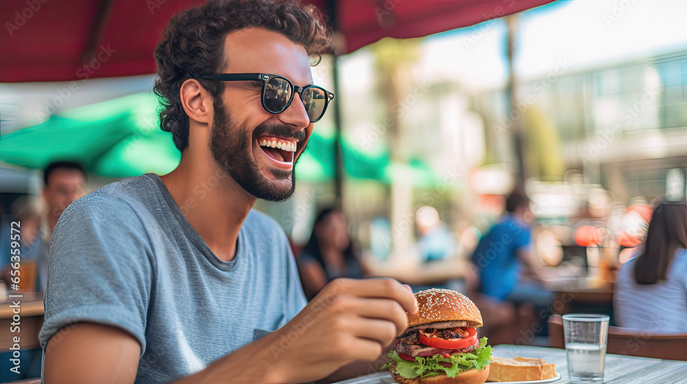 A happy man eating a burger in an outdoor restaurant as a Breakfast meal craving deal. Generative Ai