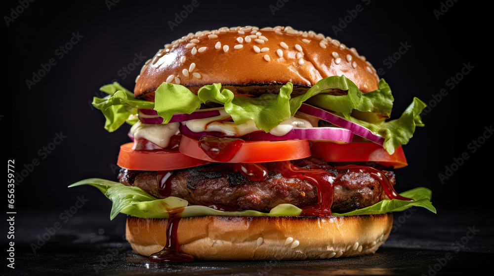 Beef burger with tomatoes, red onions, cucumber and lettuce on black slate over dark background. Generative Ai