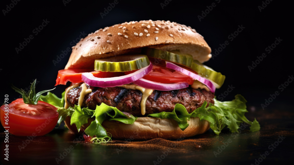 Beef burger with tomatoes, red onions, cucumber and lettuce on black slate over dark background. Generative Ai