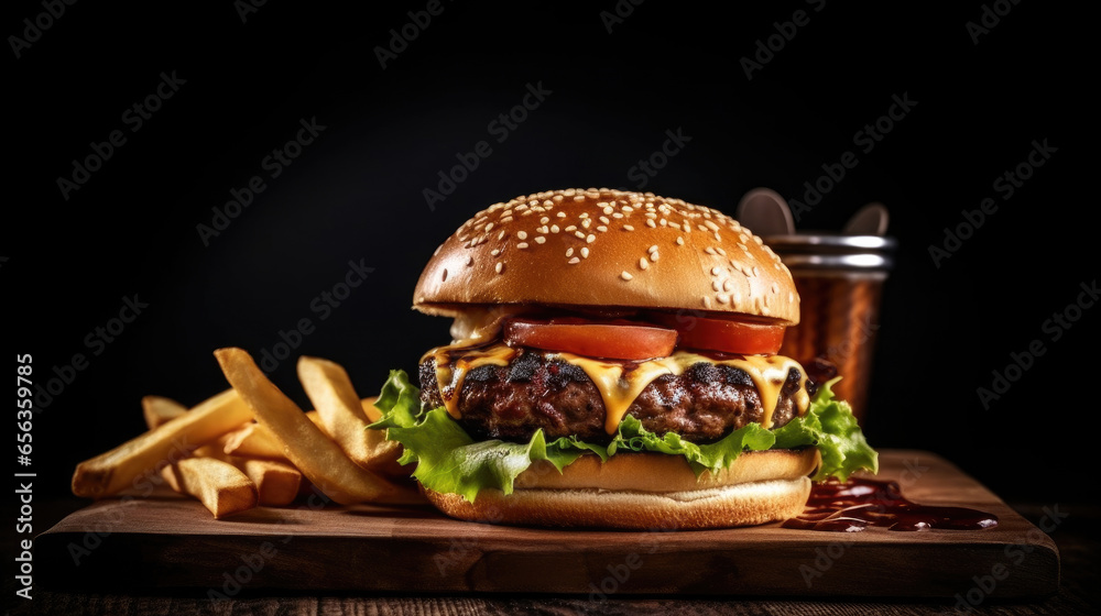 beef burger with french fries on dark background. Generative Ai