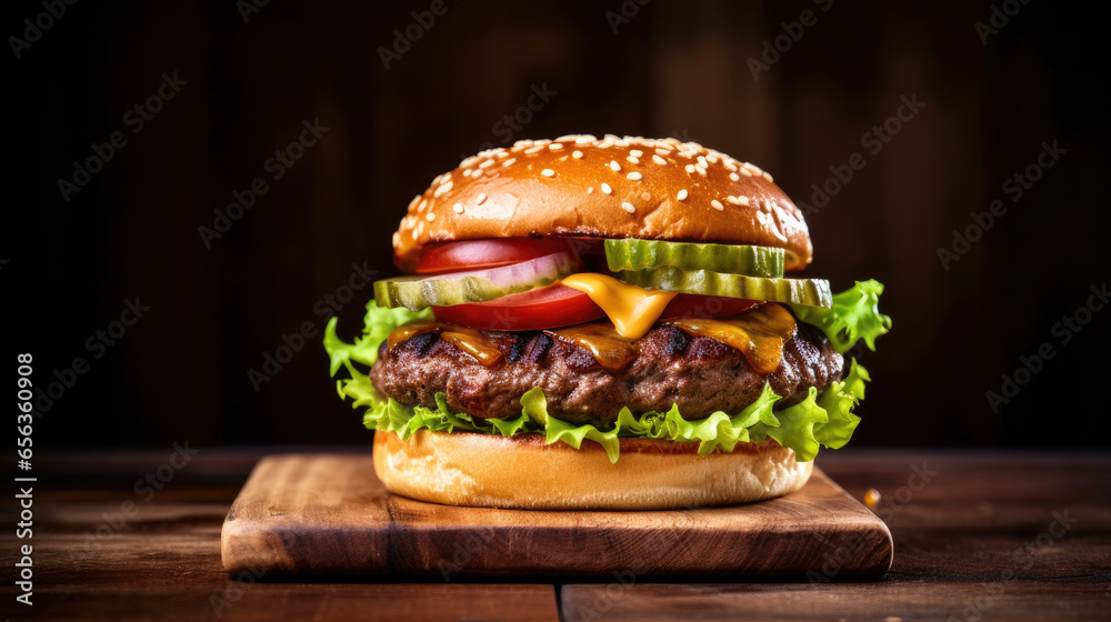 delicious burger used to chop beef on the wooden table. Generative Ai