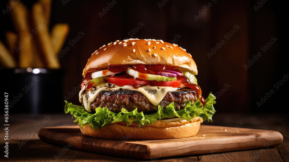 delicious burger used to chop beef on the wooden table. Generative Ai