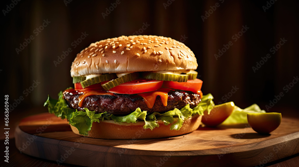 fresh tasty burger on wooden table. Generative Ai