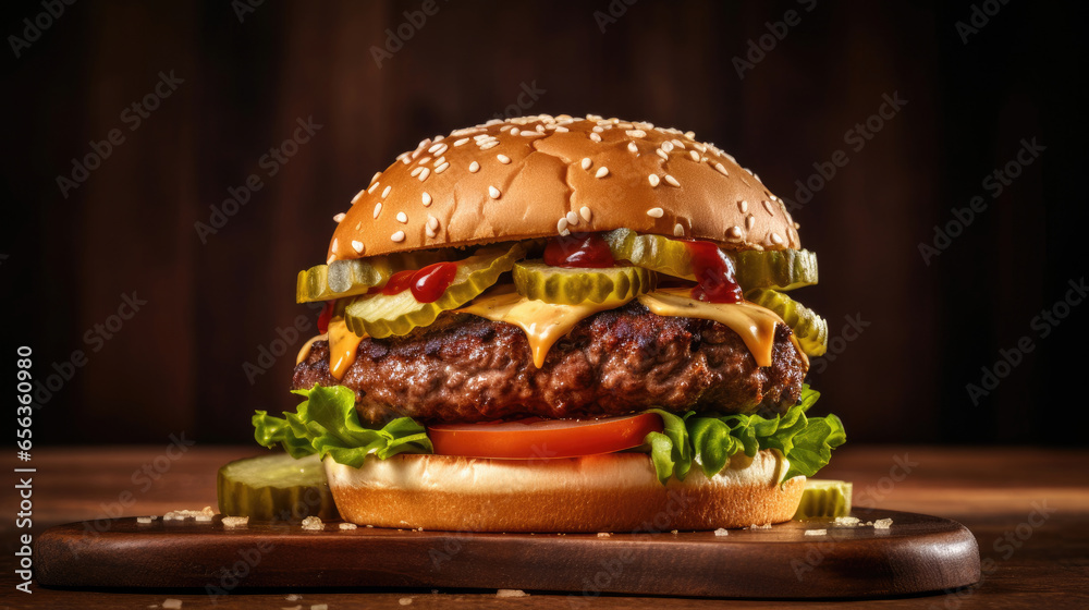 fresh tasty burger on wooden table. Generative Ai