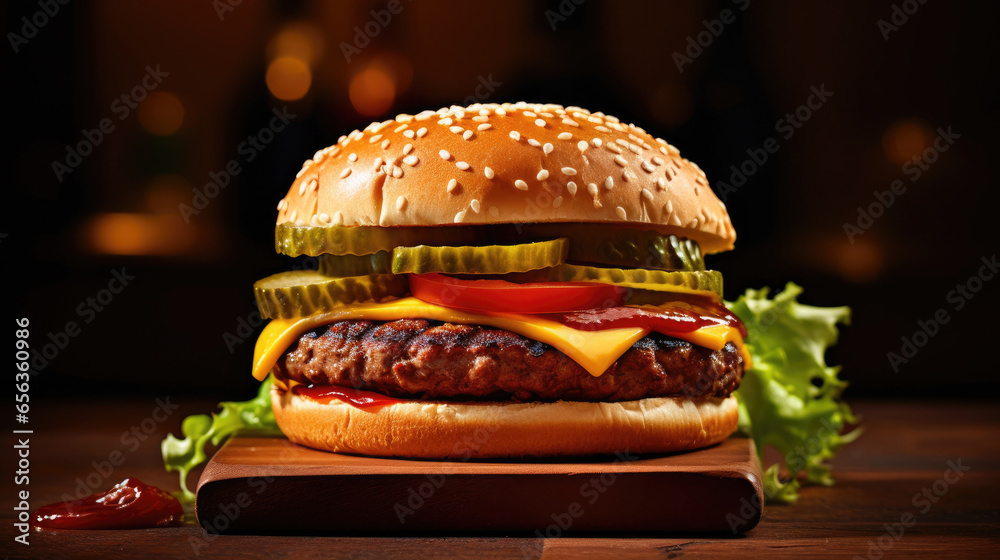 fresh tasty burger on wooden table. Generative Ai