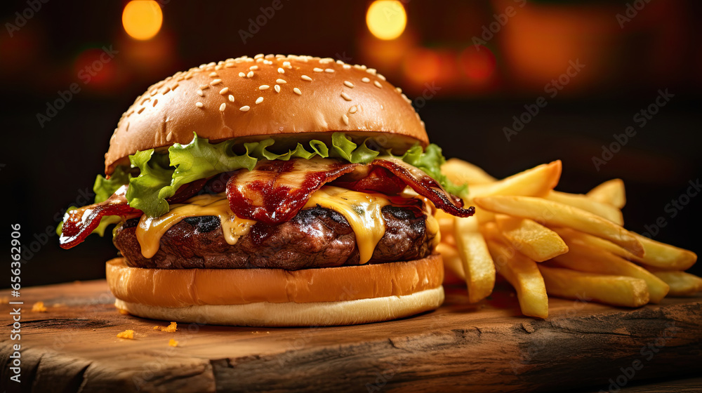 juicy burger with french fries on wooden table. Generative Ai