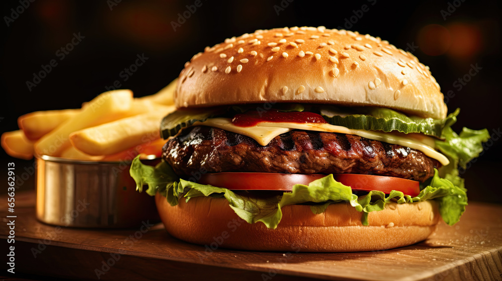 juicy burger with french fries on wooden table. Generative Ai