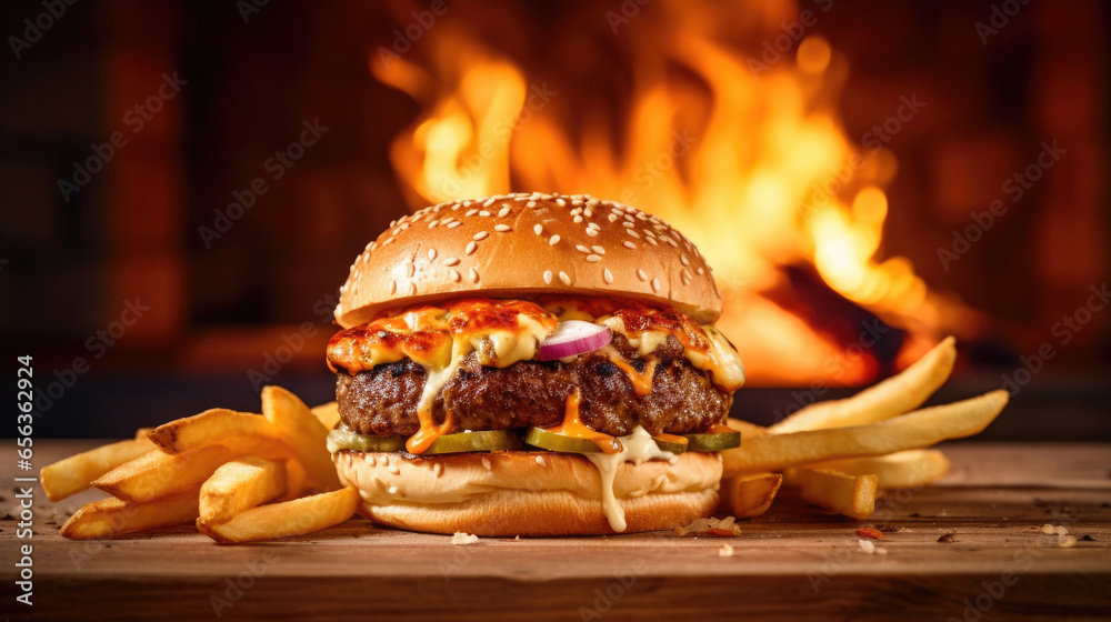 Tasty burger with french fries and fire on wooden table. Generative Ai