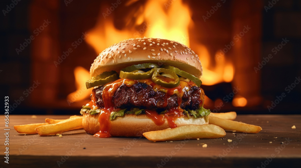 Tasty burger with french fries and fire on wooden table. Generative Ai