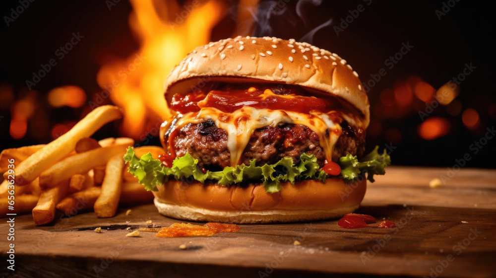 Tasty burger with french fries and fire on wooden table. Generative Ai