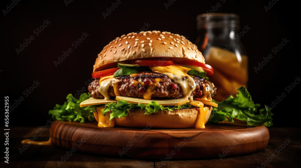 Traditional handmade burger with meat, cheese, lettuce, dressing and bread on dark background. Generative Ai