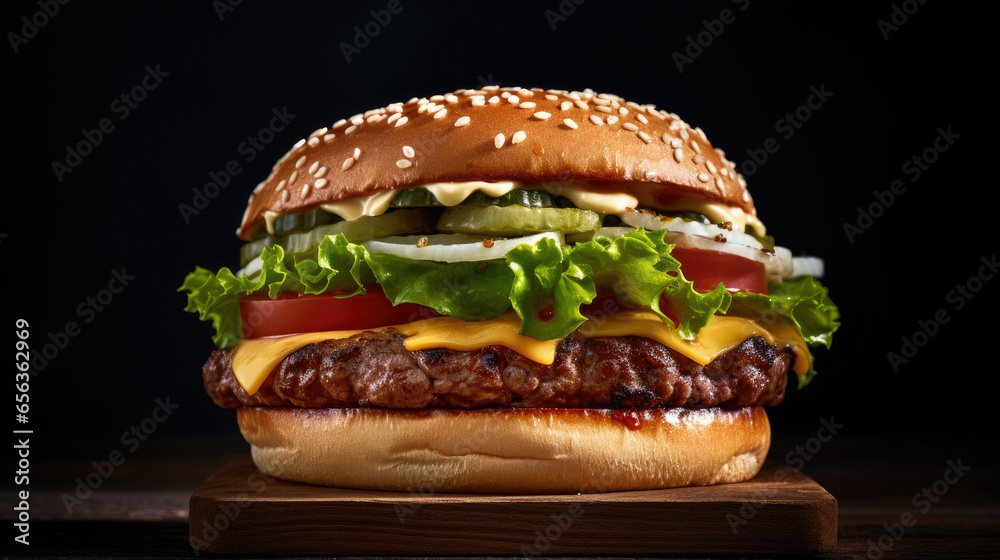 Traditional handmade burger with meat, cheese, lettuce, dressing and bread on dark background. Generative Ai