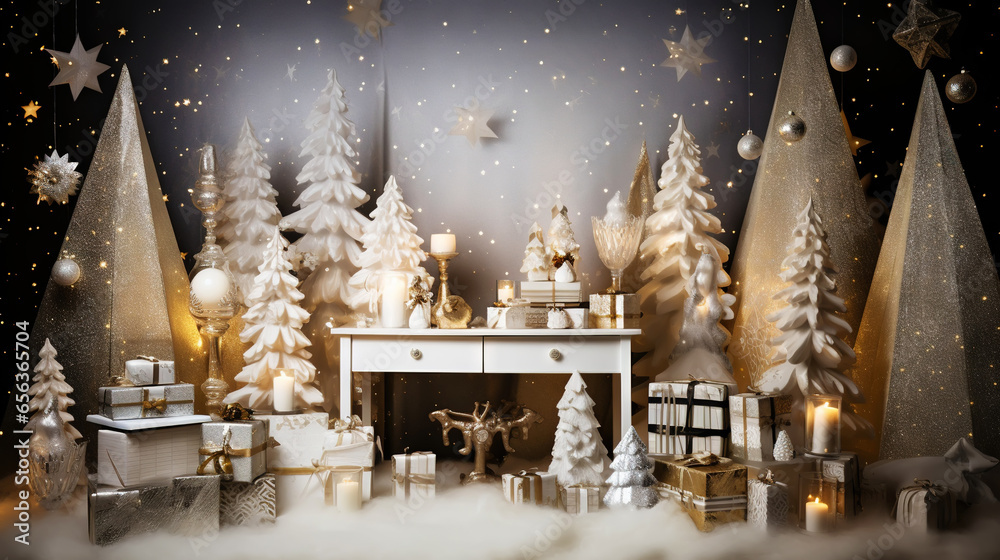 Modern shiny creative Christmas backdrop. Golden festive New Year background. Generative AI