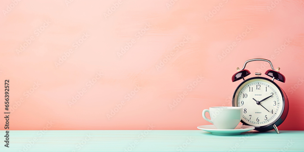 Vintage alarm clock and cup of coffee on the uniform pastel backdrop with a copy space. Generative AI