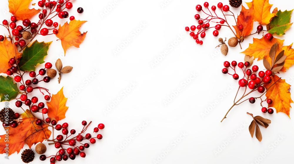 Autumn creative frame composition with dried leaves, chestnuts, red berries and cones on white background. Generative AI