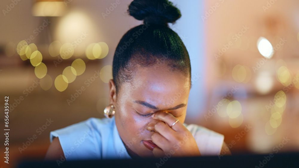 Stress, headache and deadline with a business black woman in her office at night for overtime work. Depression, fail or mistake with a frustrated or annoyed professional employee in the workplace