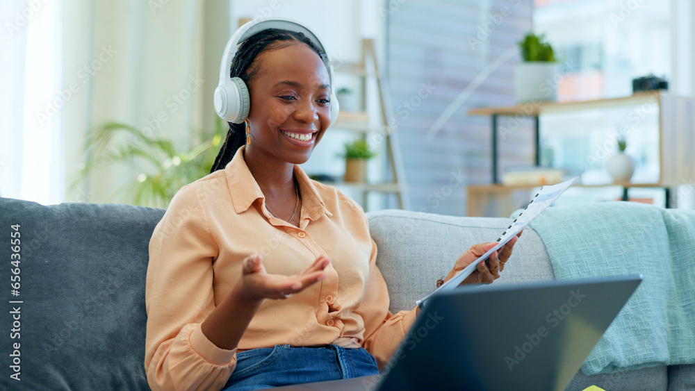 Video call, remote work and employee woman doing presentation on couch in a home on webinar with laptop. Sofa, information and freelancer working with online technology in apartment for consultation