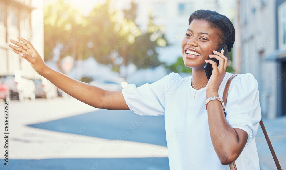 Phone call, travel and taxi with a black woman in the city during a summer commute on the street or sidewalk. Mobile, wave and transport with a happy young person outdoor on a road in an urban town