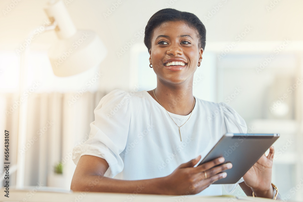 Tablet, office and happy business black woman for social media, internet and online email. Corporate, professional and person on digital technology for website, research and networking at desk