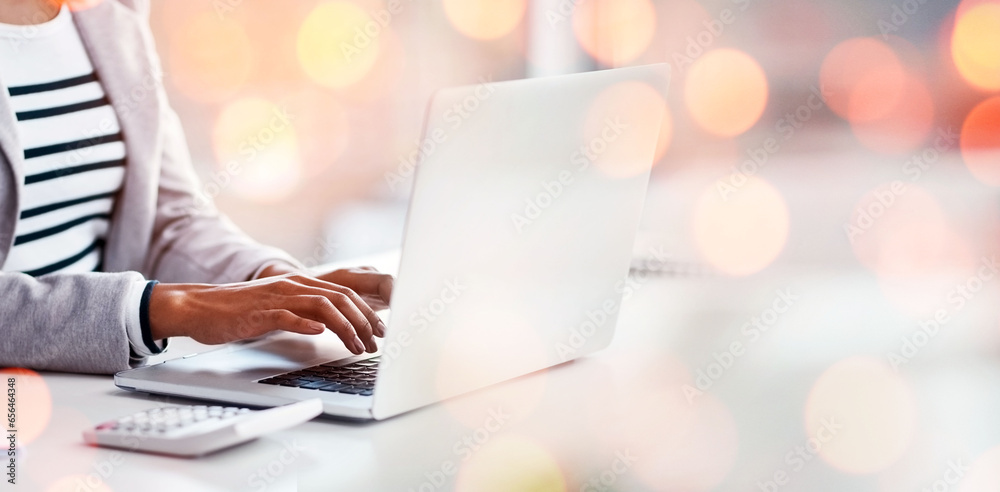 Laptop, working and business woman by bokeh with document for accounting budget research project. Technology, calculator and closeup of professional female accountant typing on computer in workplace.