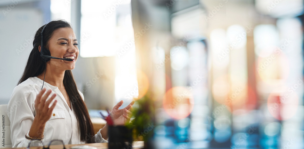 Call center, customer service and woman in office with bokeh for crm telemarketing consultation. Mockup space, contact us and professional female technical support agent with headset in workplace.