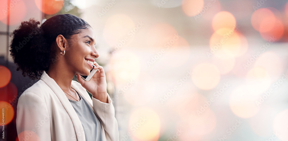 Phone call, bokeh and business woman in the city for discussion on b2b deal, agreement or merge. Technology, smile and professional African female hr on mobile conversation with cellphone in town.