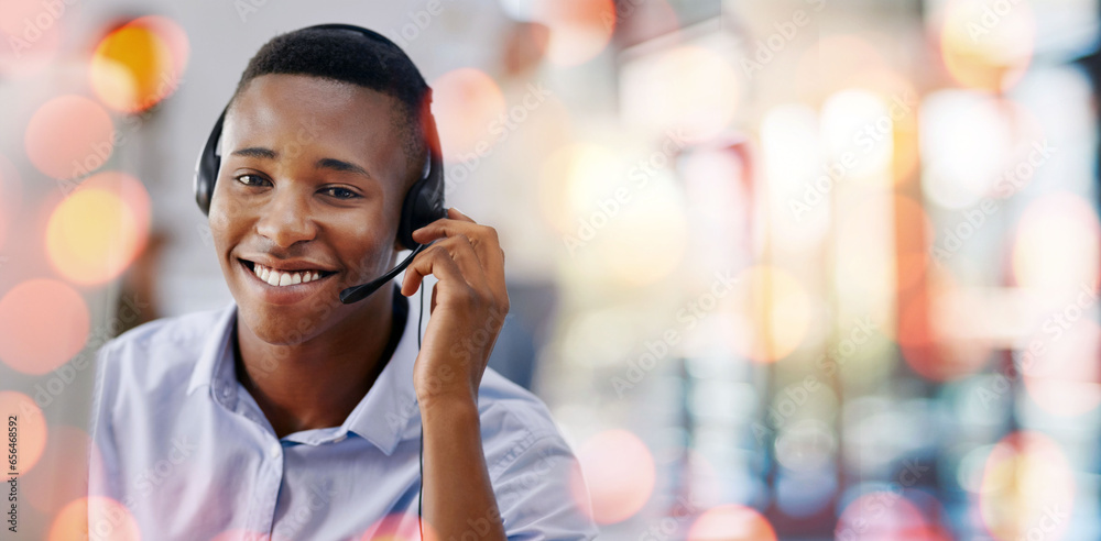 Telemarketing, customer service and man in office with bokeh for crm call center consultation. Mockup space, contact us and professional African male technical support agent with headset in workplace