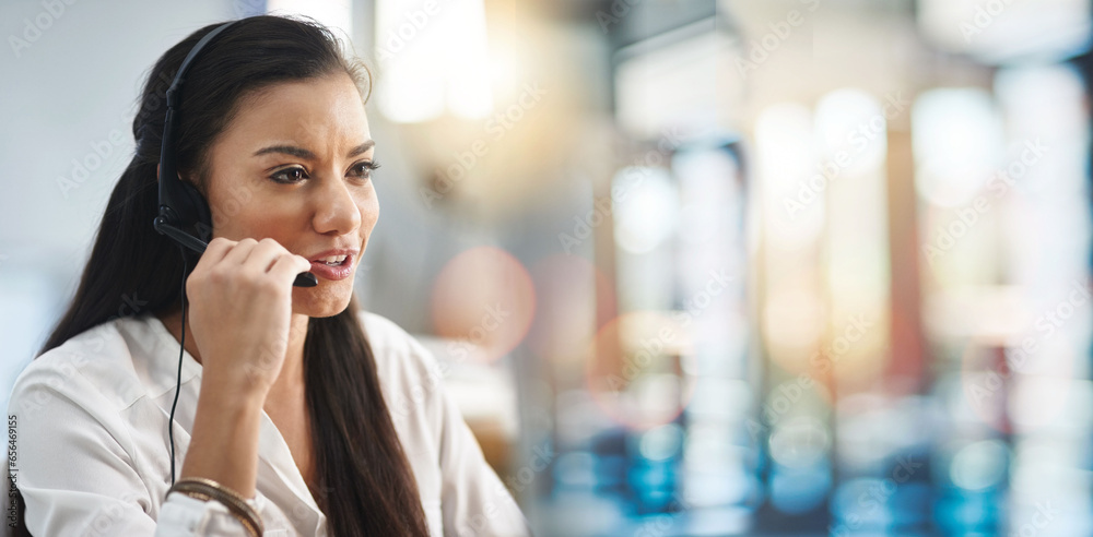 Call center, business woman and web support conversation with crm and telemarketing work in office. Mockup space, discussion and customer service with online contact us help and communication