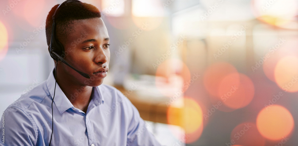 Telemarketing, customer care and man in office with bokeh for crm telemarketing consultation. Mockup space, contact us and professional African male technical support agent with headset in workplace.