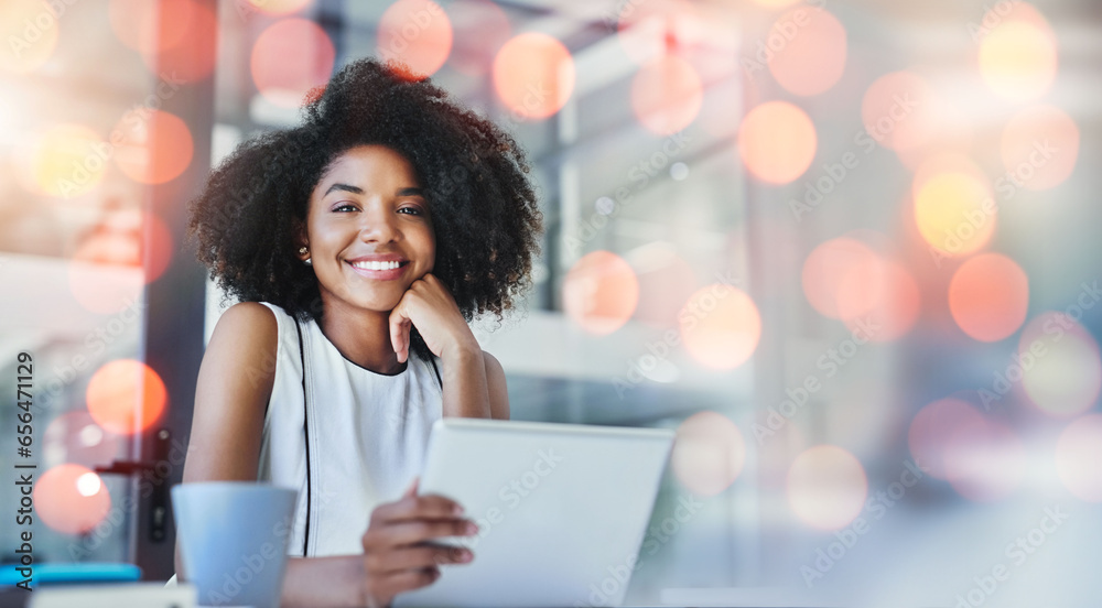 Portrait, bokeh and woman with a tablet, business and connection with research, data analytics and search internet. Happy person, employee or consultant with technology, worker or website information