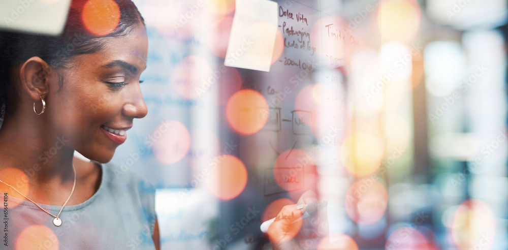 Happy business woman, writing and schedule planning on glass board with bokeh background at office. Female person or employee smile for agenda, tasks or project plan in startup strategy at workplace