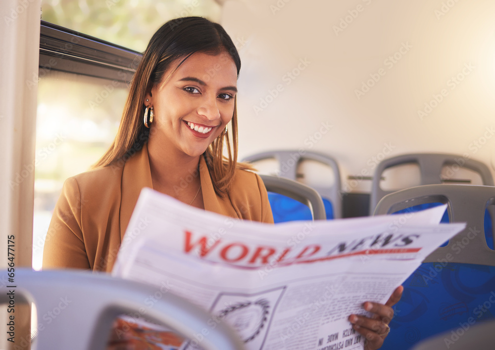 Portrait, bus and woman with a newspaper, smile and travel with world news, happy and student. Face, worker and girl with transportation, info and reading newsletter with happiness and professional