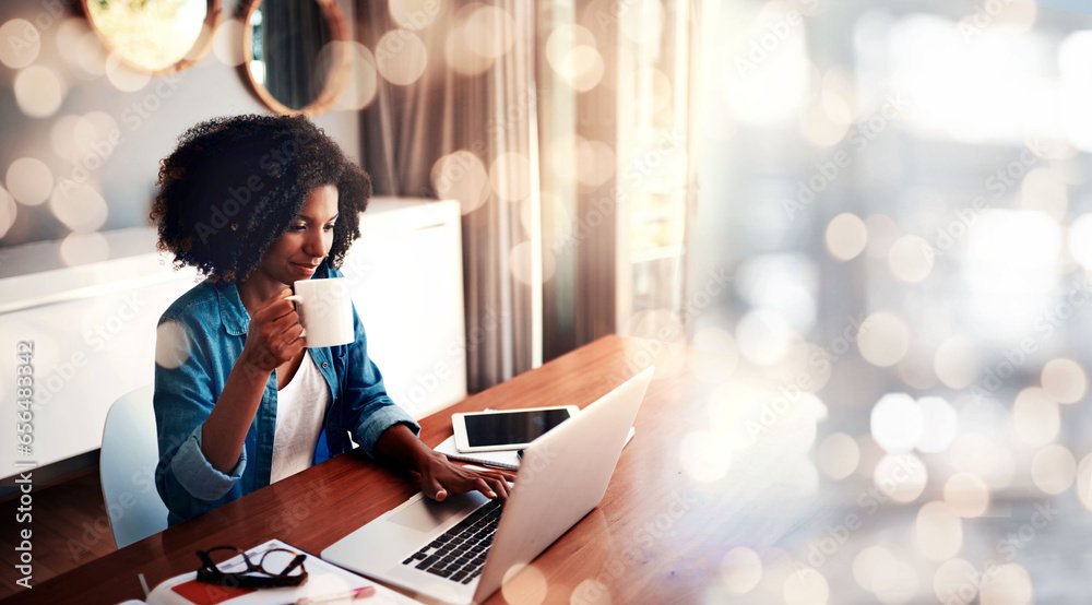 Laptop, coffee shop and a freelance black woman on double exposure for remote work as a journalist. Creative, design and space with a young editor entrepreneur typing an article in an internet cafe