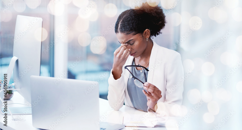 Frustrated business woman, laptop and headache in mistake, stress or anxiety on bokeh background at office. Female person or employee with pain, strain or overworked pressure in burnout at workplace