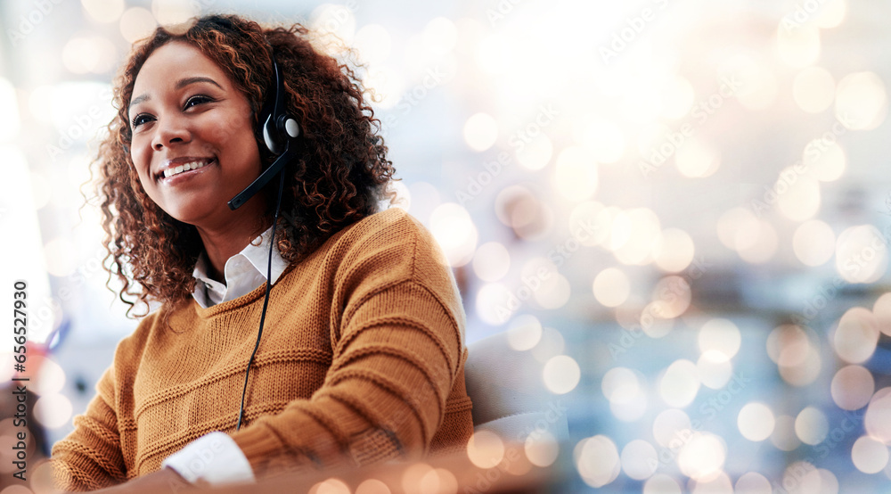 Happy woman, call center and headphones on bokeh background in customer service or help at office. Friendly female person, consultant or agent smile in online advice, contact us or virtual assistance