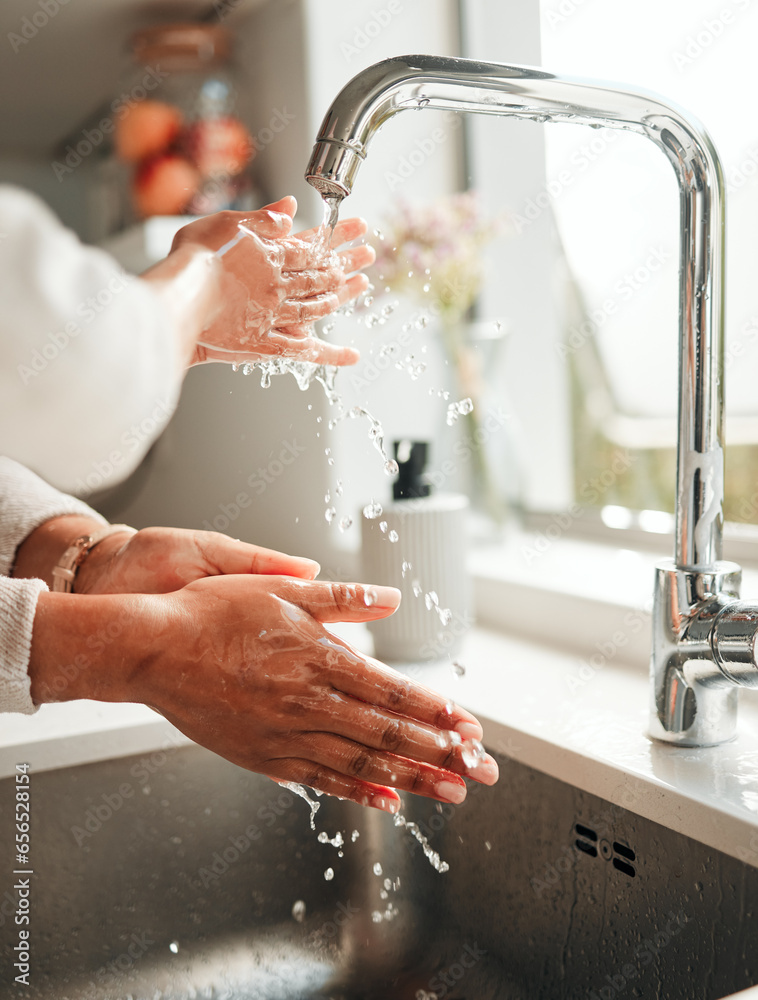 Hygiene, water and washing hands in a kitchen basin for health, cleaning and fresh before cooking. Morning, sustainability and a person with liquid for home sanitation, purity and routine in a sink