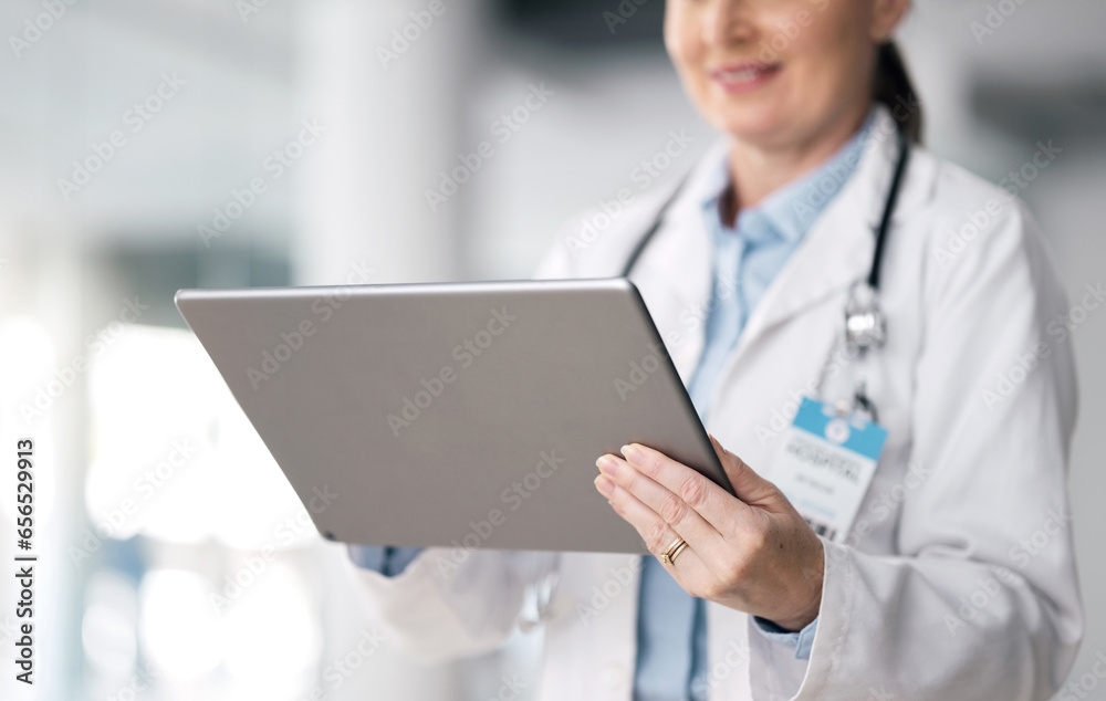 Woman, doctor closeup and tablet with hospital, healthcare and wellness data in clinic. Technology, online results and research and medical professional working and planning on internet at job