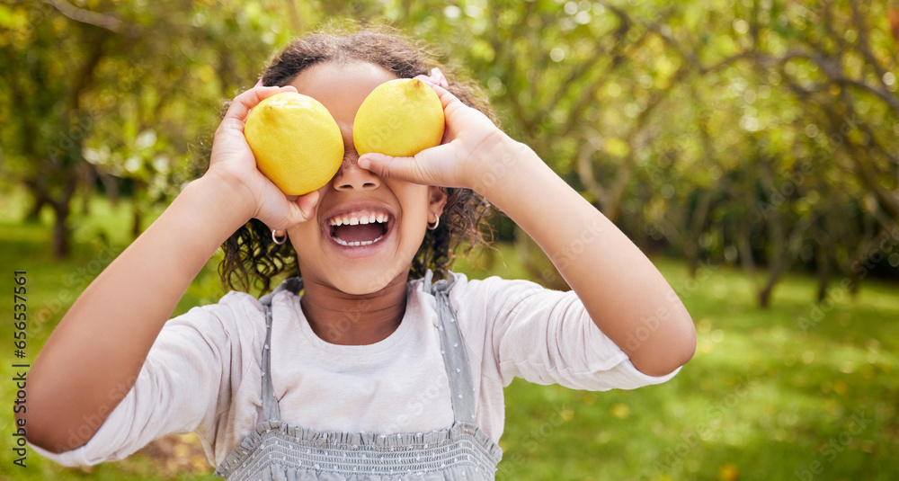 Lemon on eyes, happy and girl on farm for harvest, sustainable farming and growth in nature. Agriculture, childhood and kid smile with fruit for nutrition, healthy eating and organic food in garden